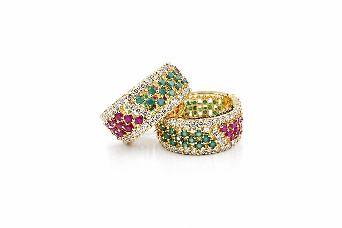 Bansuri Deity Bangles Set of 2 – Gold-Plated God Churi with Ruby & Emerald AD Stonework, Stylish Locking Clasp for Krishna, Radha, Lakshmi & Laddu Gopal Idols