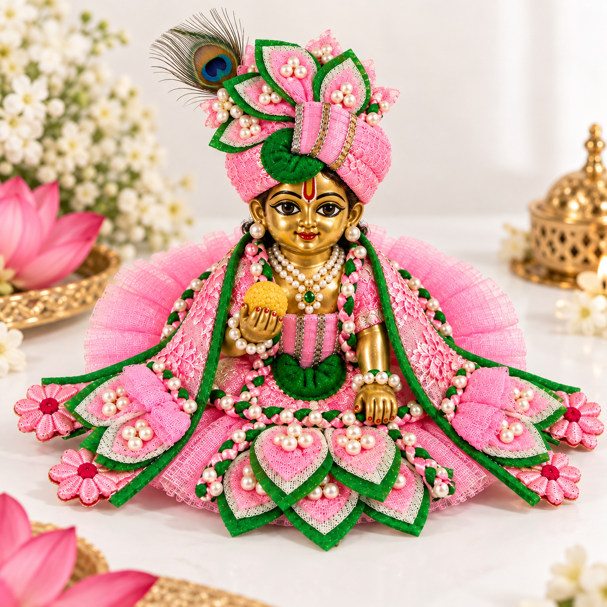 Pink Laddu Gopal Poshak with Pearl Work | Bansuri Handcrafted Pink Designer Net Poshak for Laddu Gopal Ji | Heavy Pearl & Lace Embroidery Dress for Bal Gopal / Krishna / Thakur Ji (PIGR241)