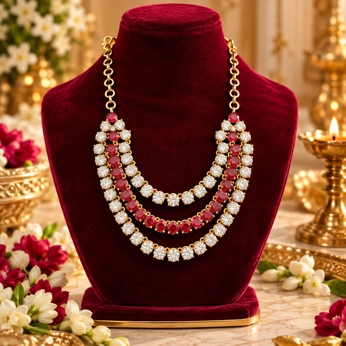 Bansuri premium red and white stone deity necklace for Bhagwan Ji idol shringar