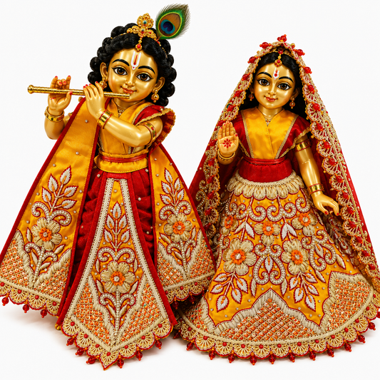 Bansuri Radha Krishna Dress Set for Idol | Red & Golden Yellow Embroidered Poshak