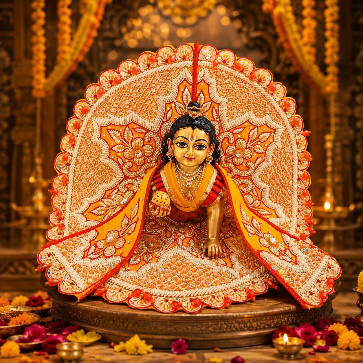Premium Handmade Orange Laddu Gopal Poshak with Heavy Embroidery and Traditional Designer Dress by Bansuri