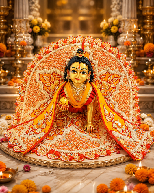 Premium Handmade Orange Laddu Gopal Poshak with Heavy Embroidery and Traditional Designer Dress by Bansuri