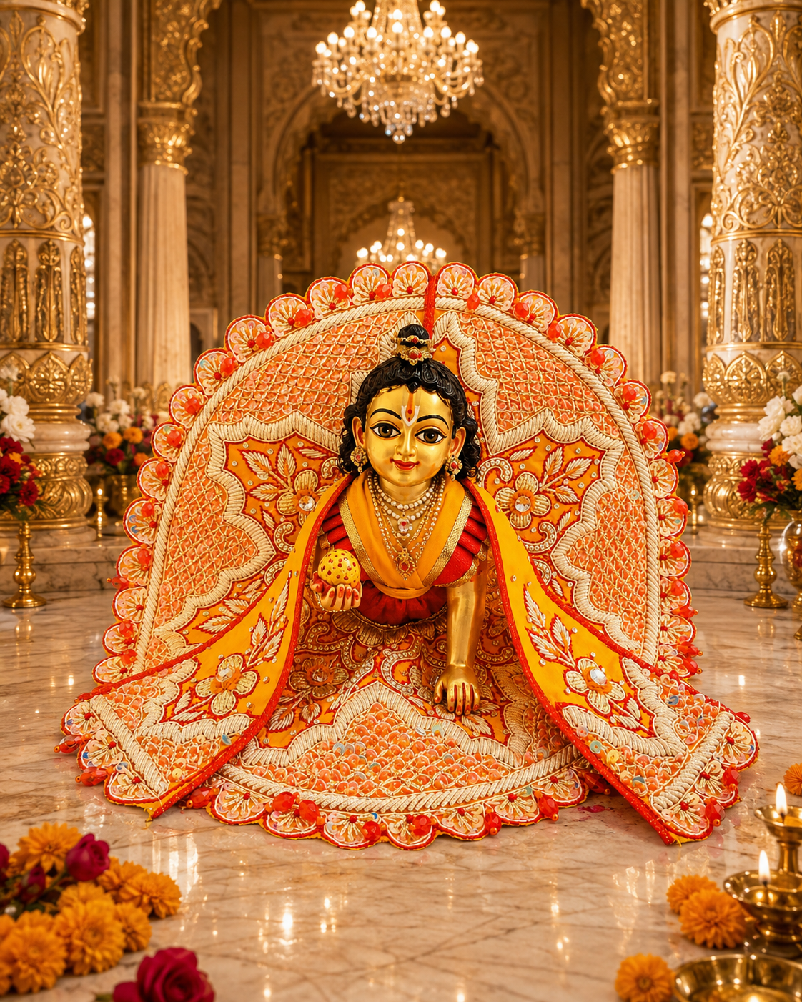Premium Handmade Orange Laddu Gopal Poshak with Heavy Embroidery and Traditional Designer Dress by Bansuri